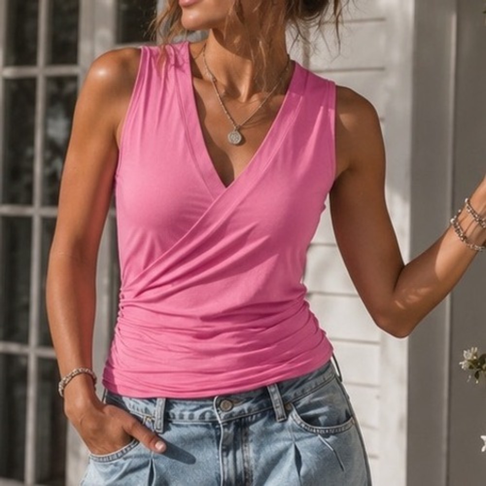 Sundance Raquel Tank Rose Pink Faux Wrap Ruched Sleeveless Top Small NEW A6